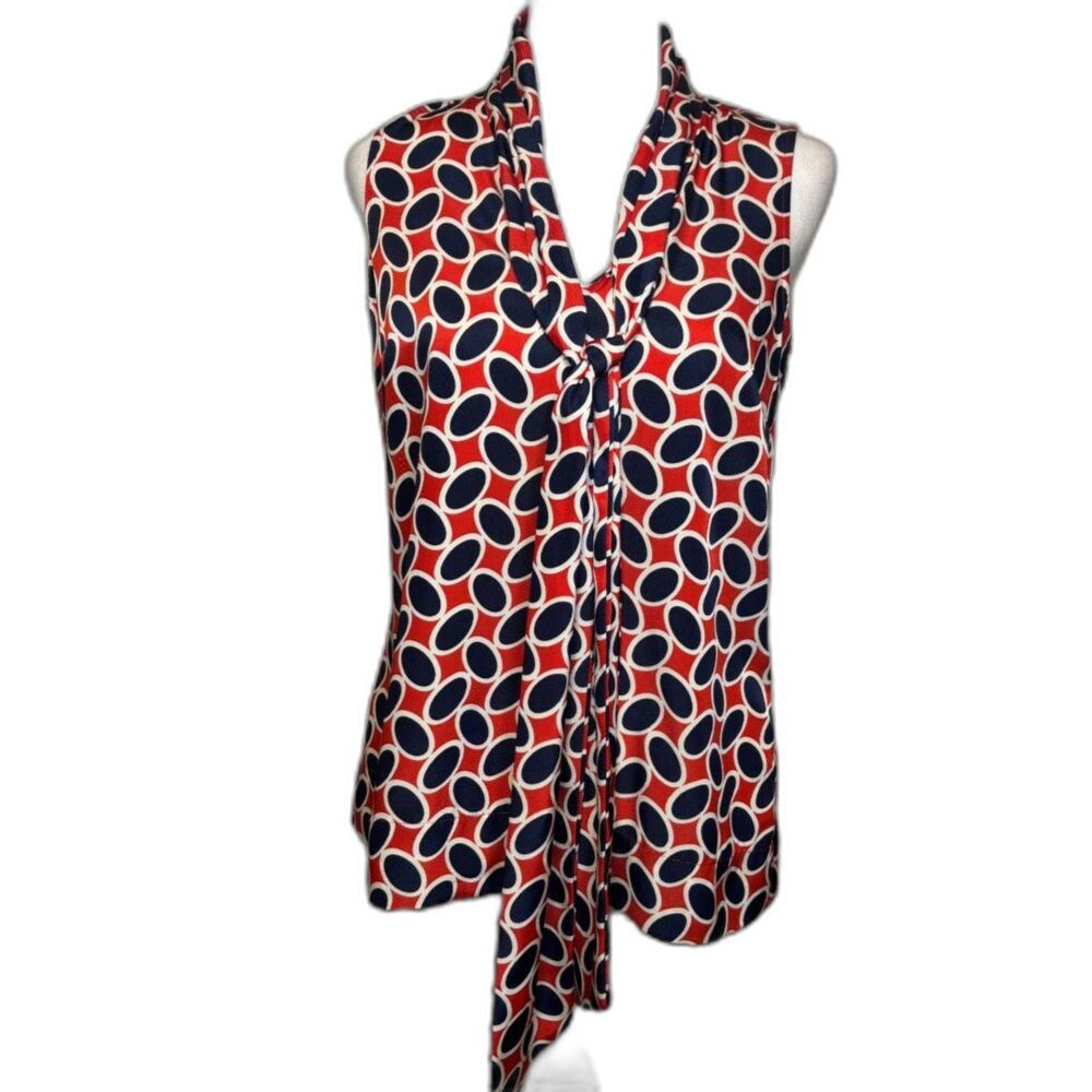 New York & Company Red Blue Pattern No Sleeve Blouse Womens Designer